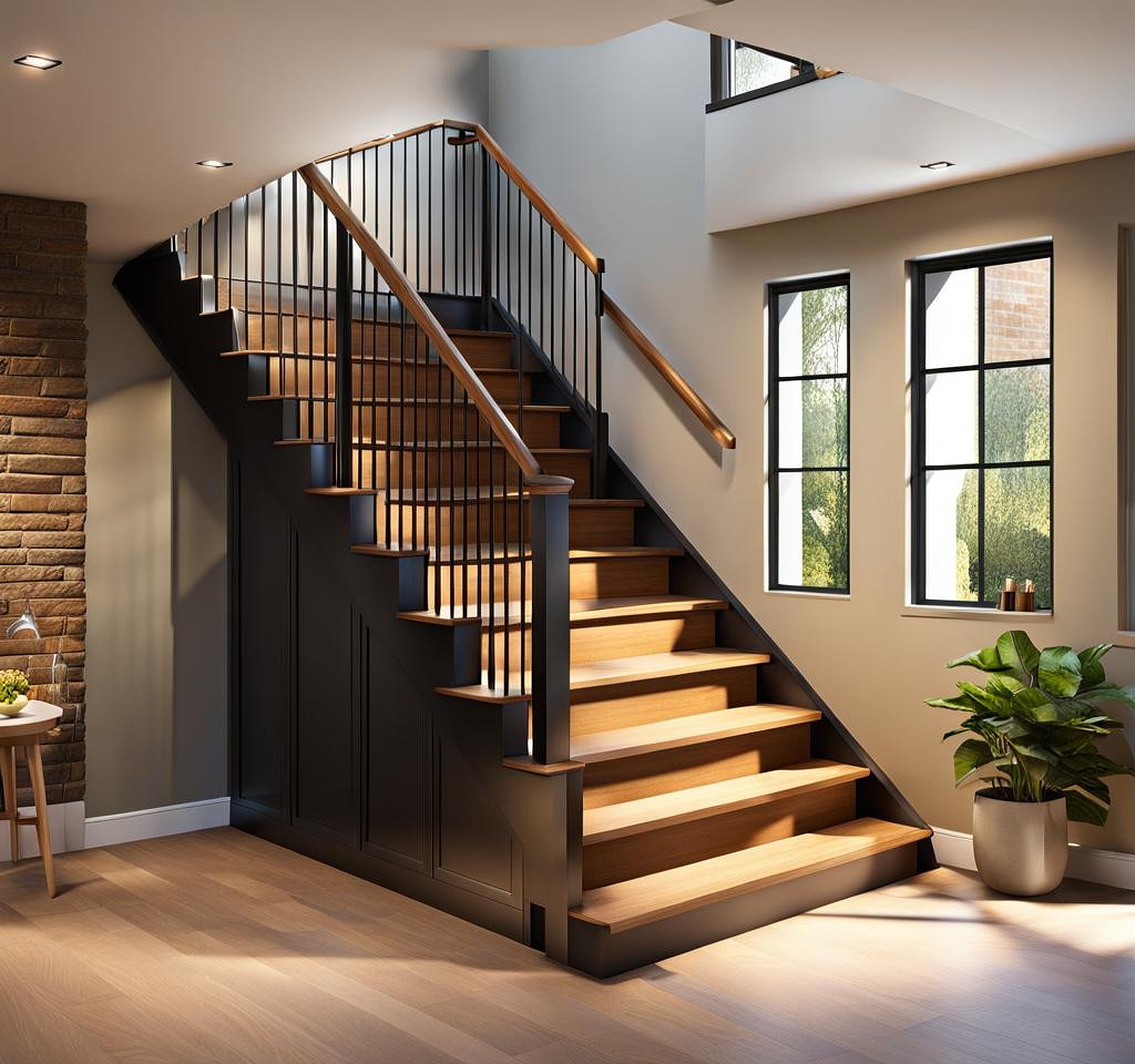 basement stairs between kitchen and living room