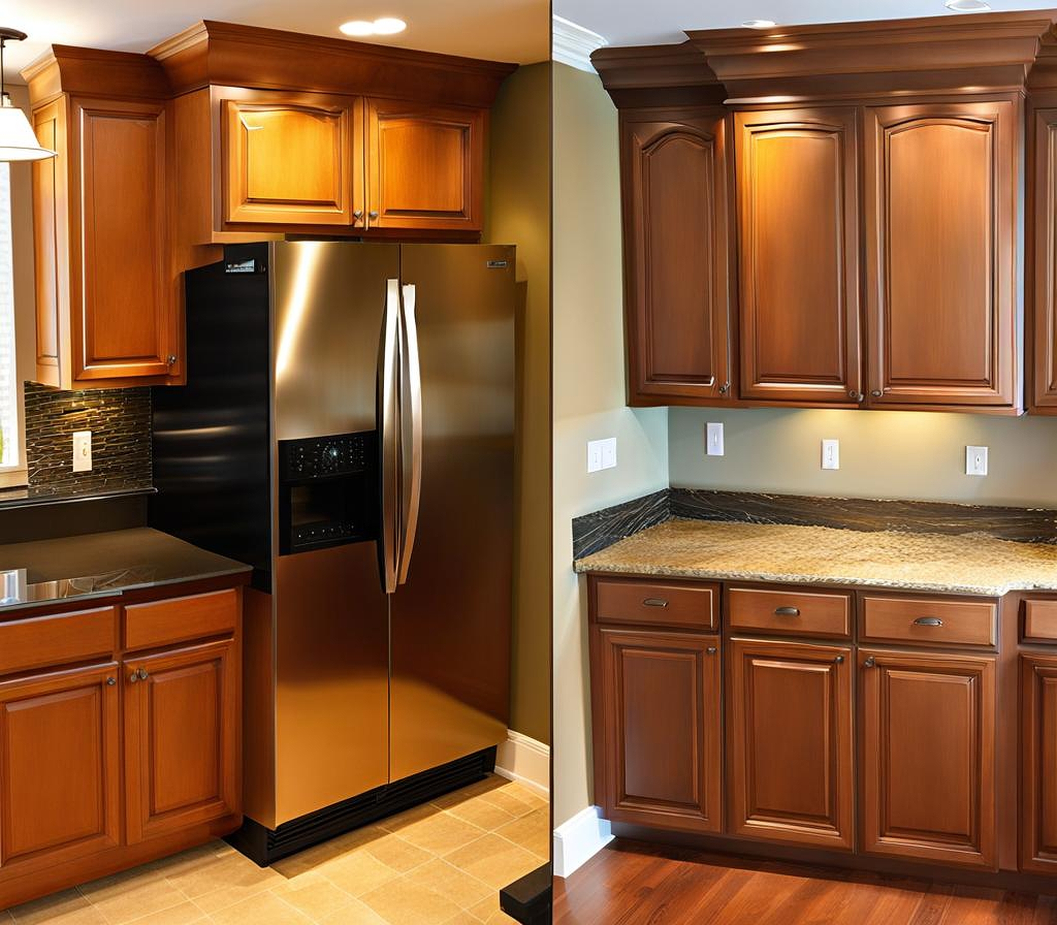 before and after refinished kitchen cabinets