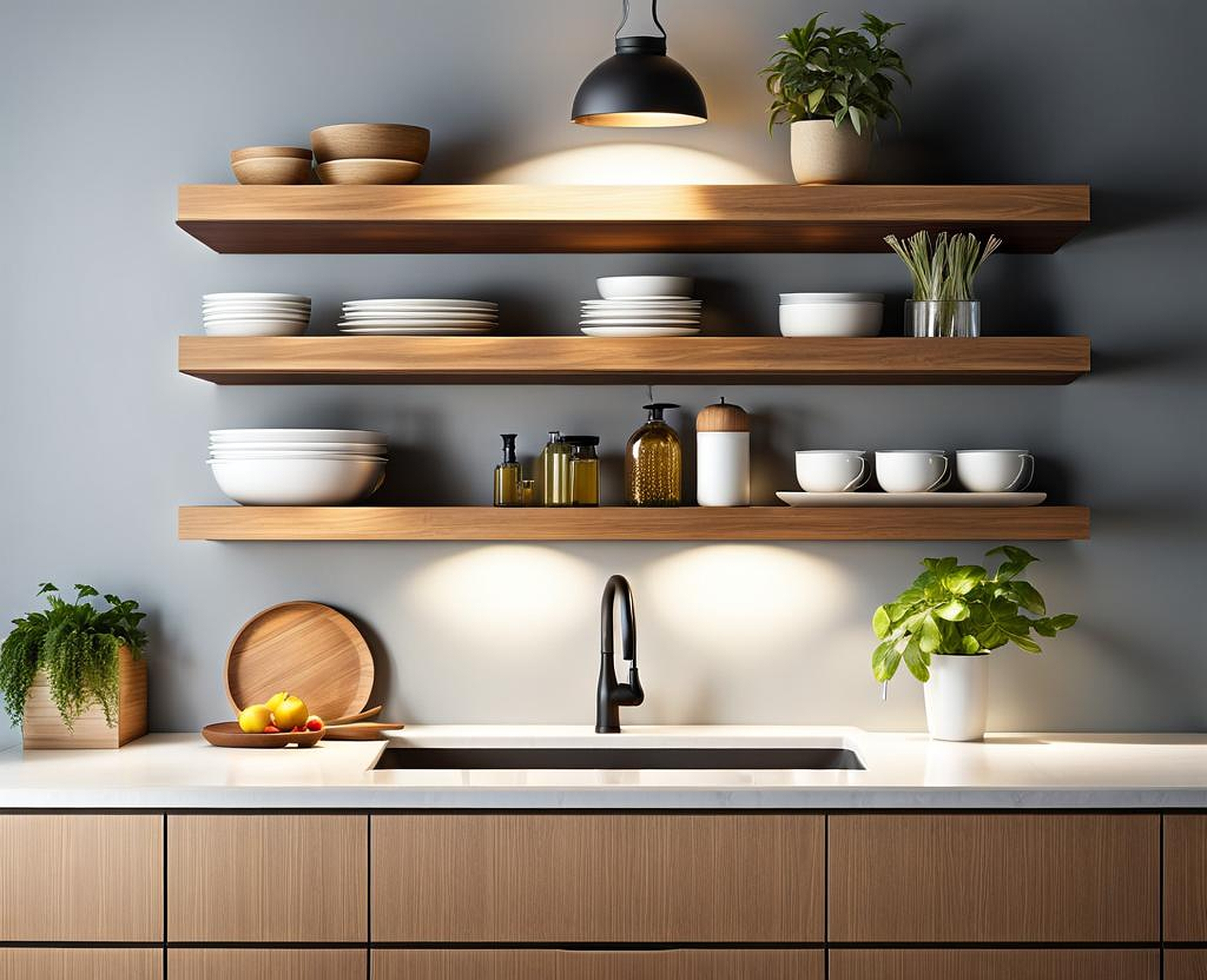 floating shelves above kitchen sink