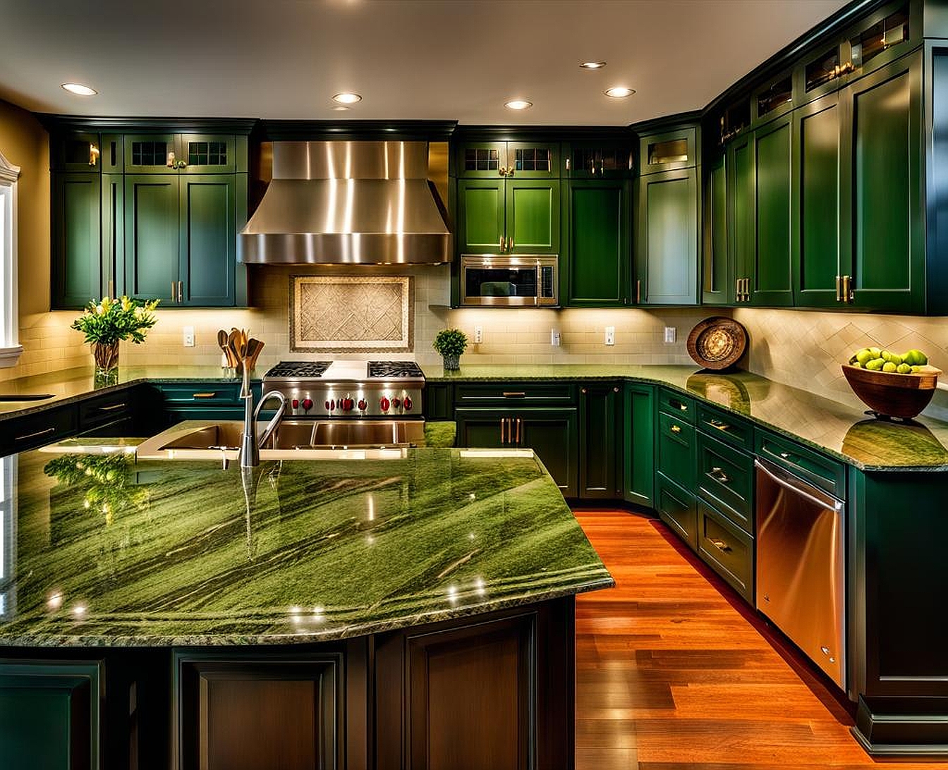 granite countertops with green cabinets