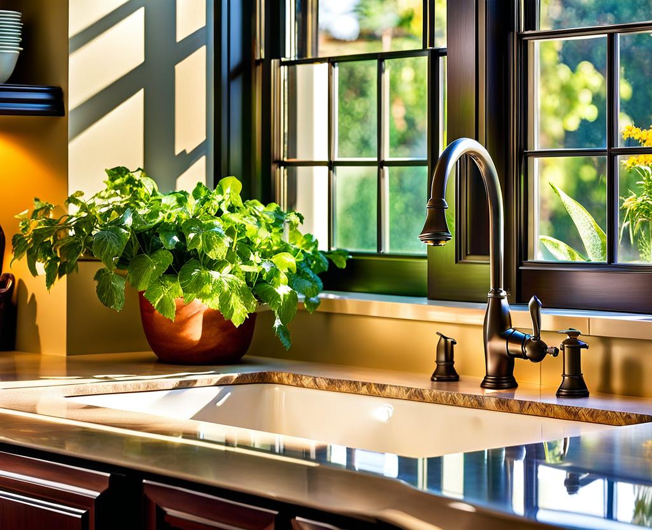 Lush Garden Views from Kitchen Windows Over Sinks