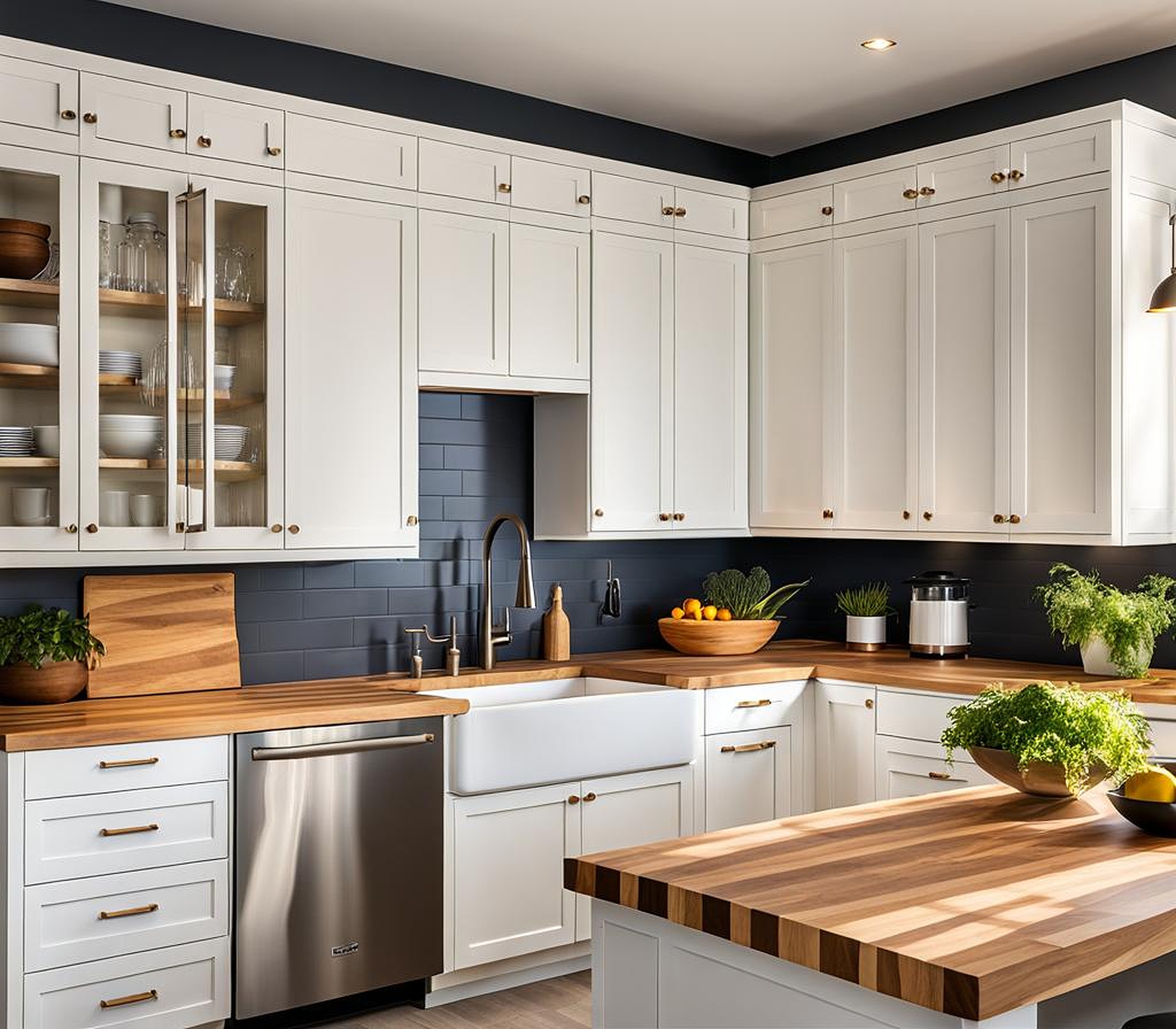 white kitchen cabinets with butcher block countertops