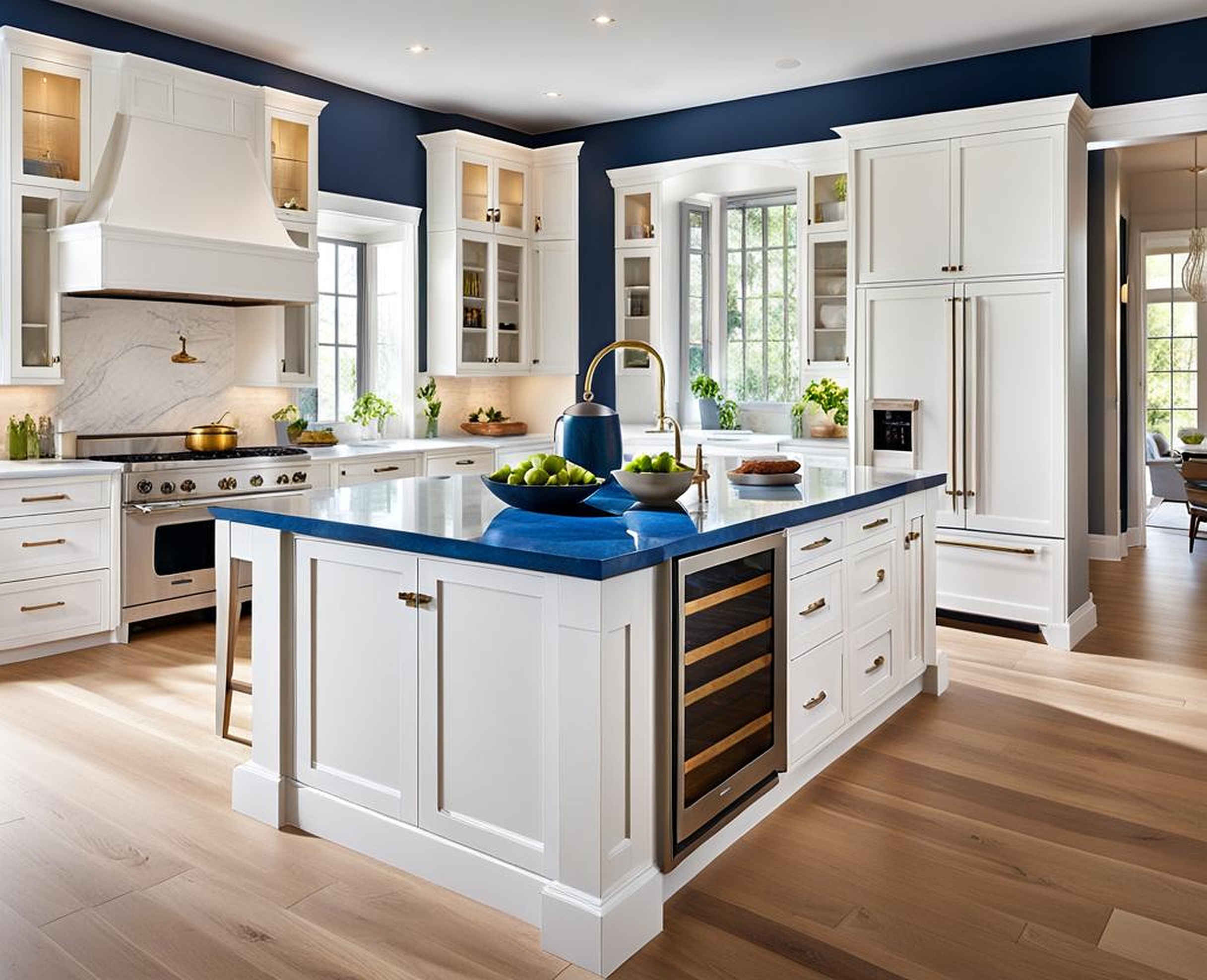 white kitchens with blue islands