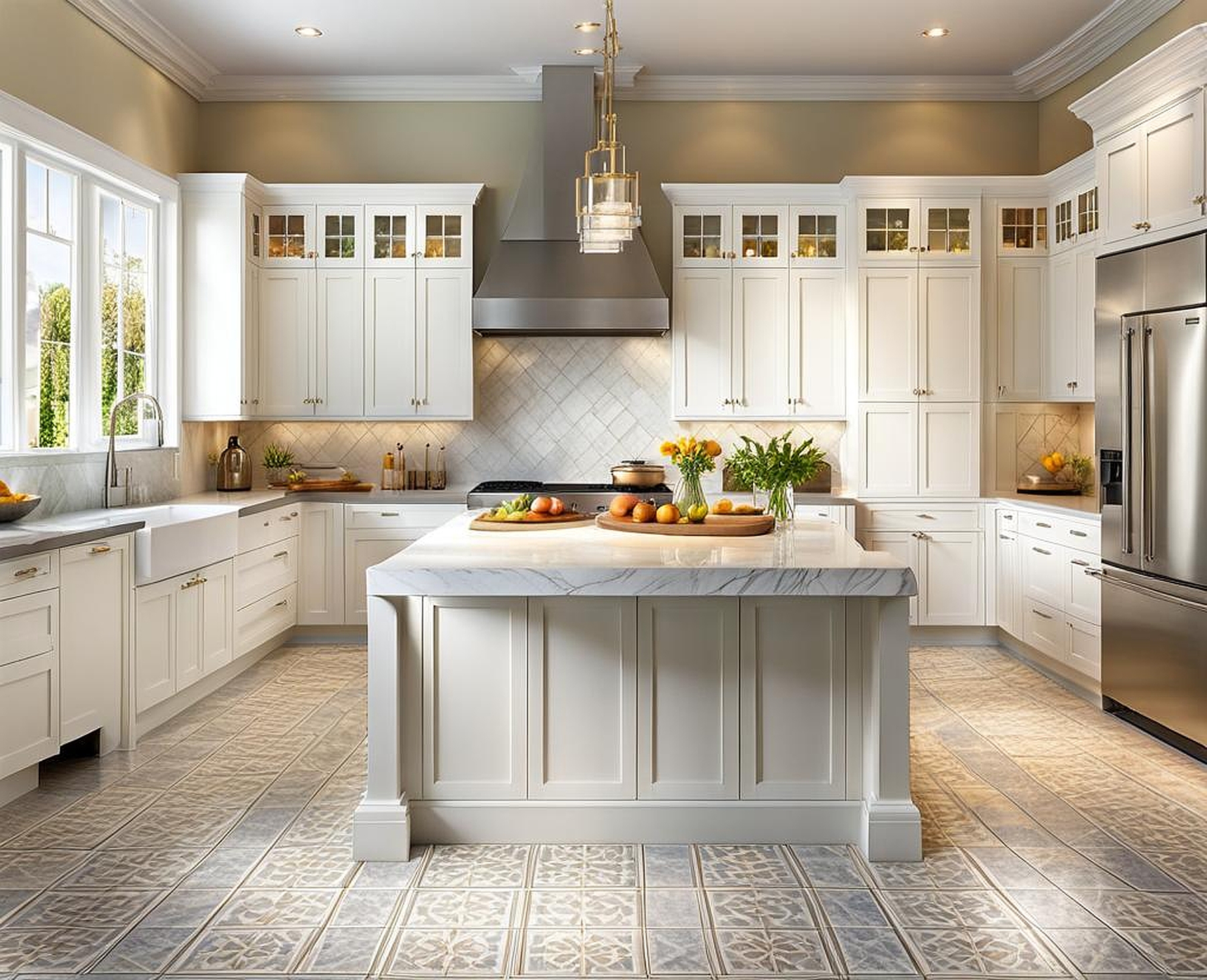 white kitchens with tile floors